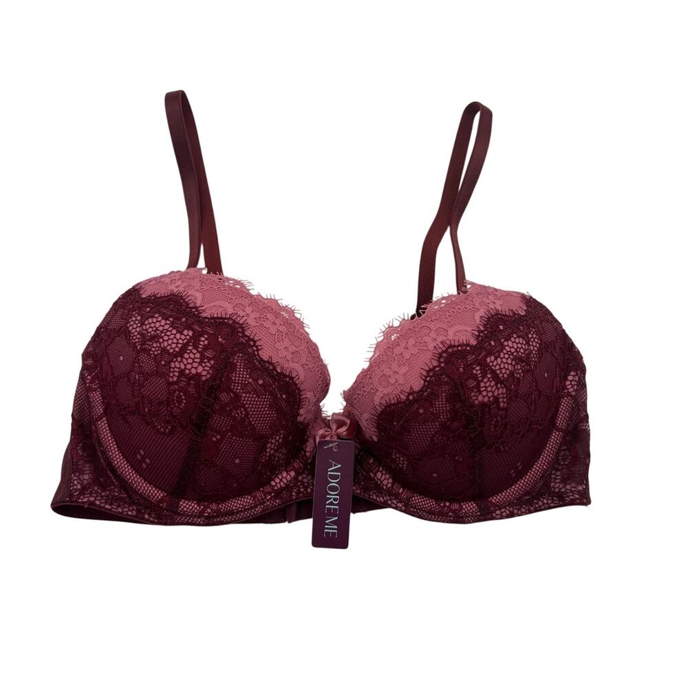 Adore Me Bra 32C Lace Push Up Balconette Underwire Back Closure Pink/Burgundy
